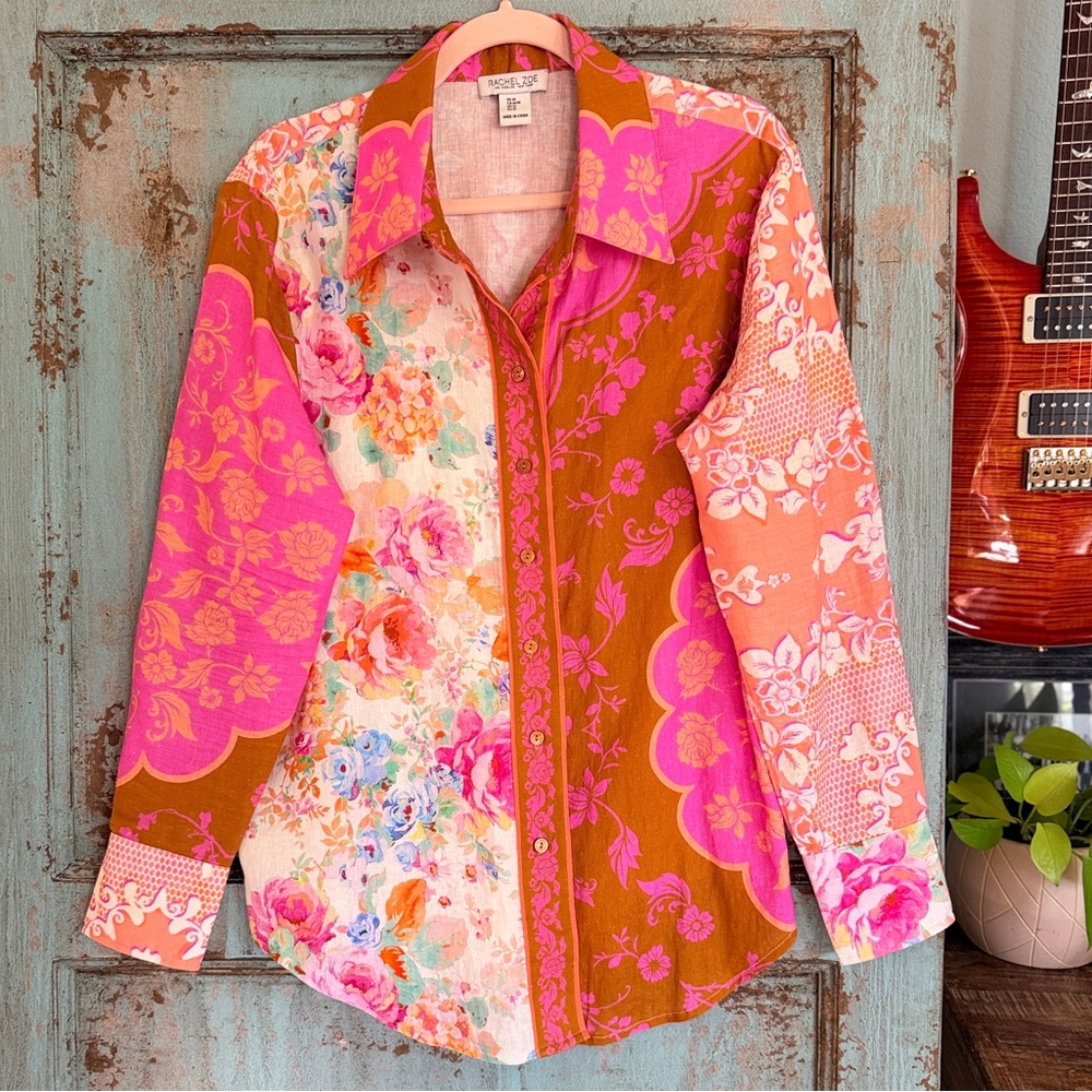 Rachel Zoe Mixed Floral Linen Button-Down Shirt – Size Medium Pink Orange